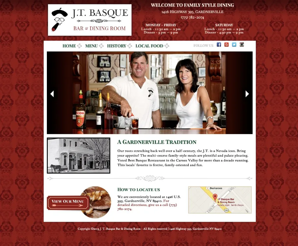 Previous JT Basque website with dated layout, image slider, and red patterned background