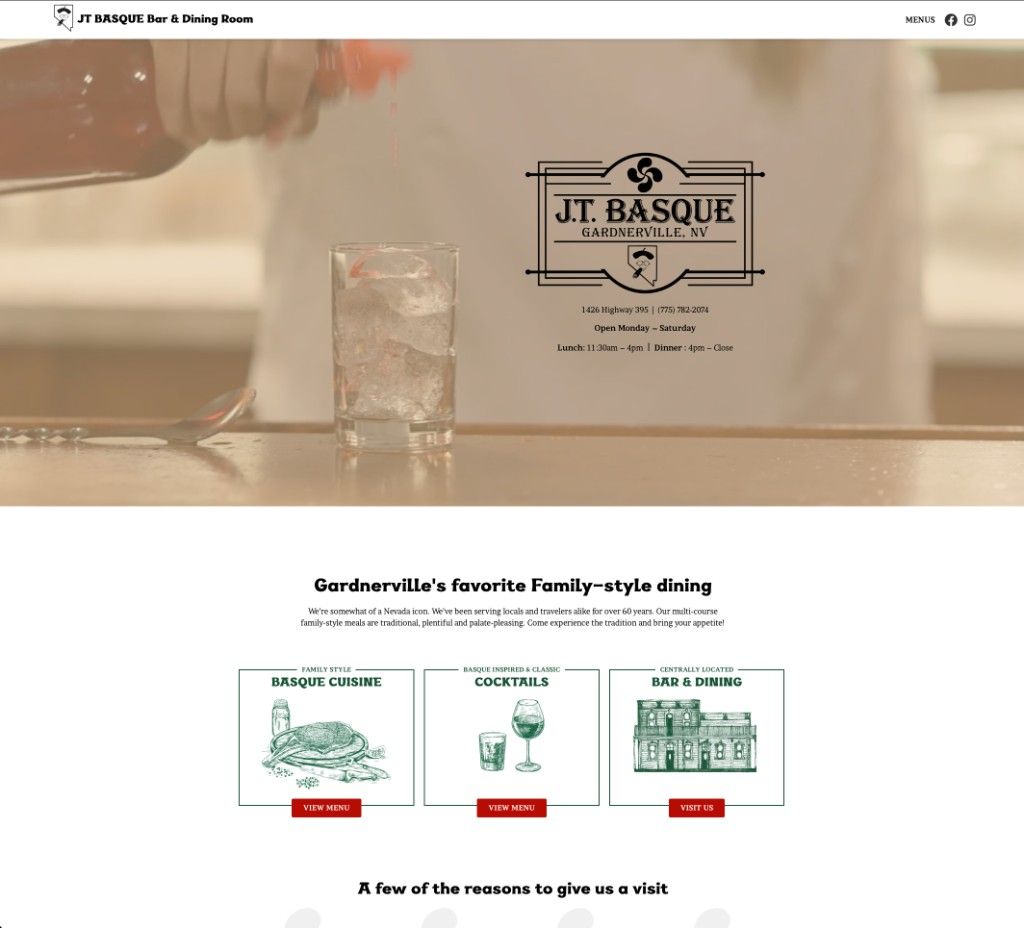 JT Basque website homepage with hero, feature cards, and family-style dining headline