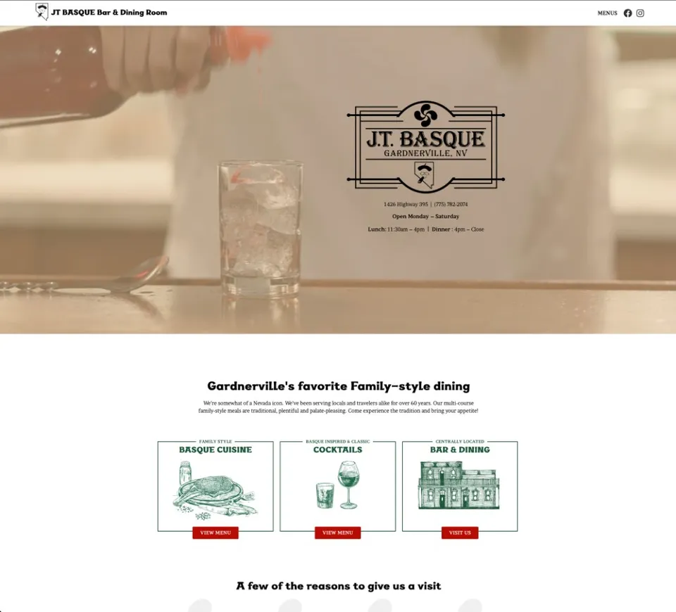 JT Basque website homepage with hero, feature cards, and family-style dining headline