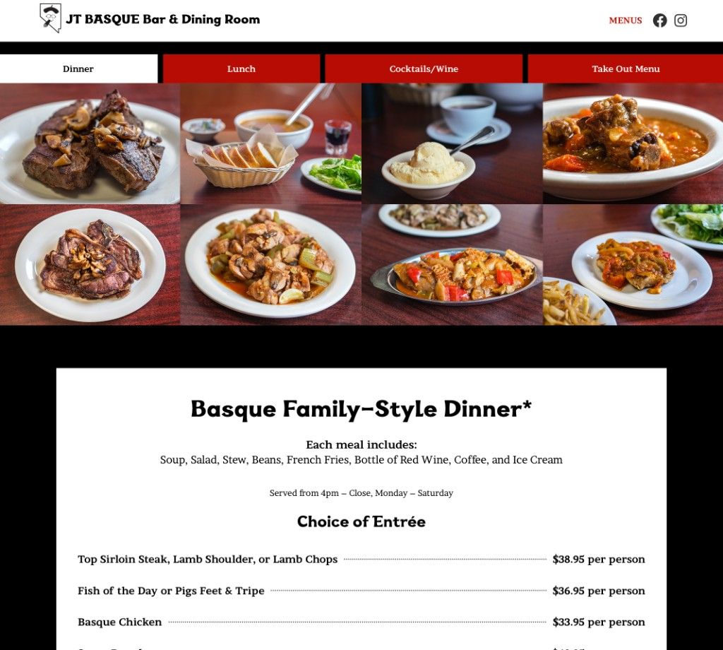 JT Basque website dinner menu with photo grid and family-style pricing