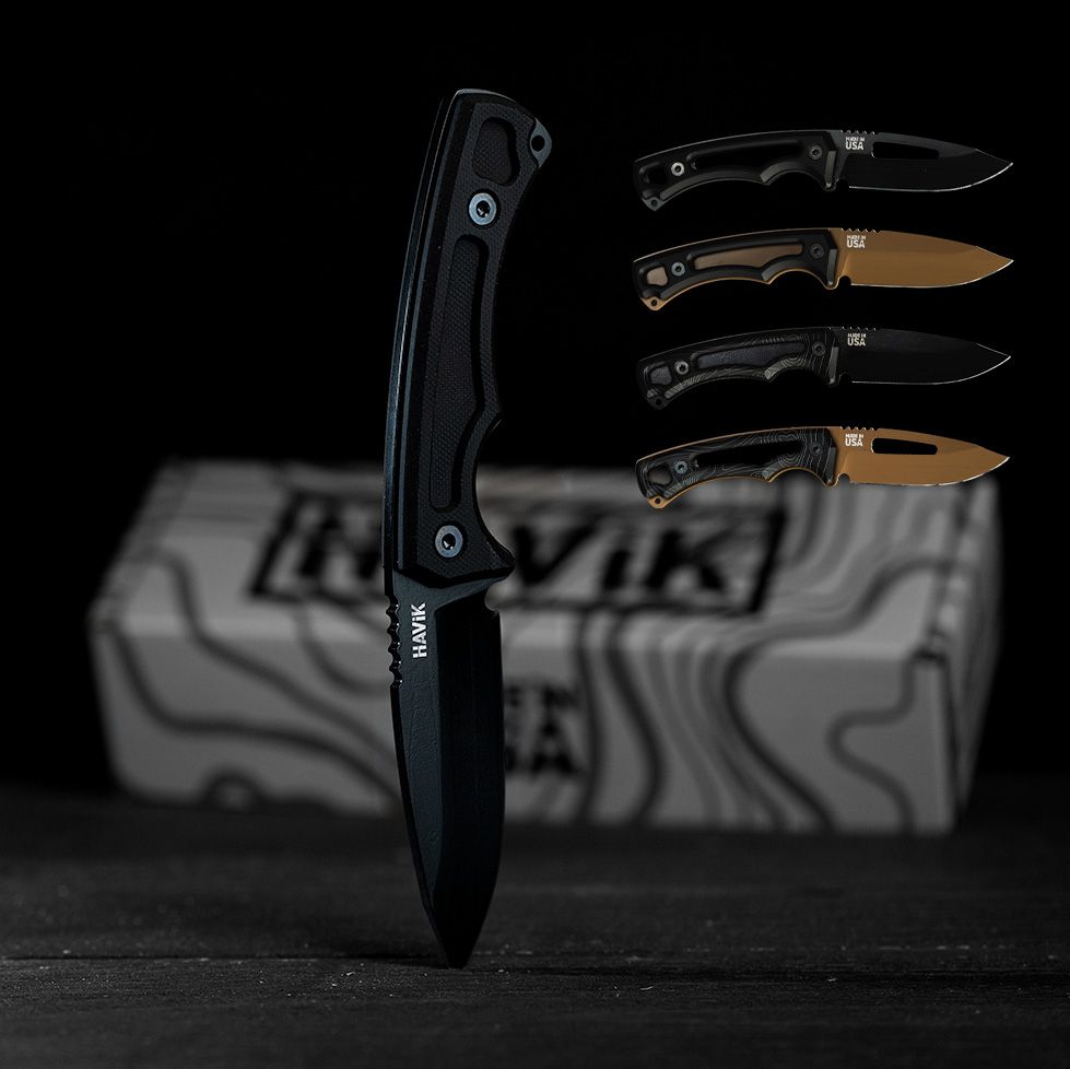 HAViK knife standing in front of branded packaging beside a lineup of blade and handle variants