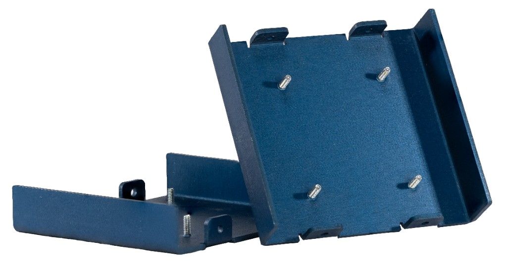 Powder-coated blue metal brackets with PEM studs on a white background