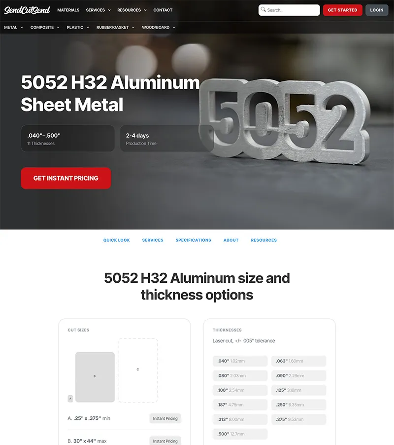 SendCutSend material page for 5052 H32 aluminum sheet metal