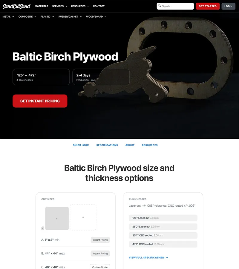 SendCutSend material page for Baltic birch plywood