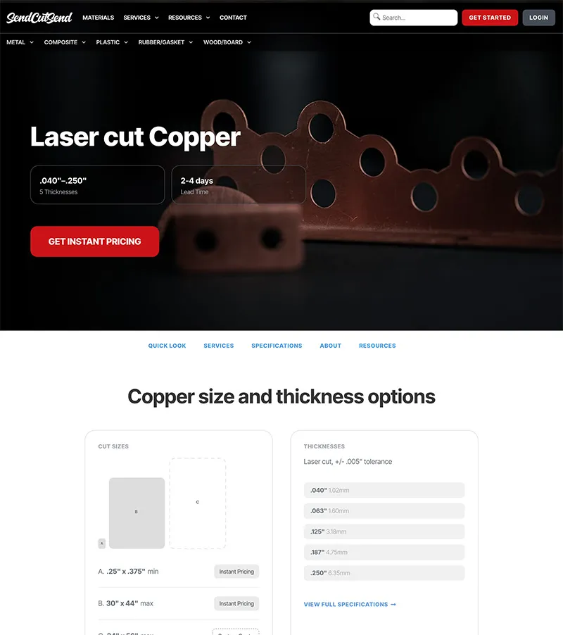 SendCutSend material page for laser cut copper
