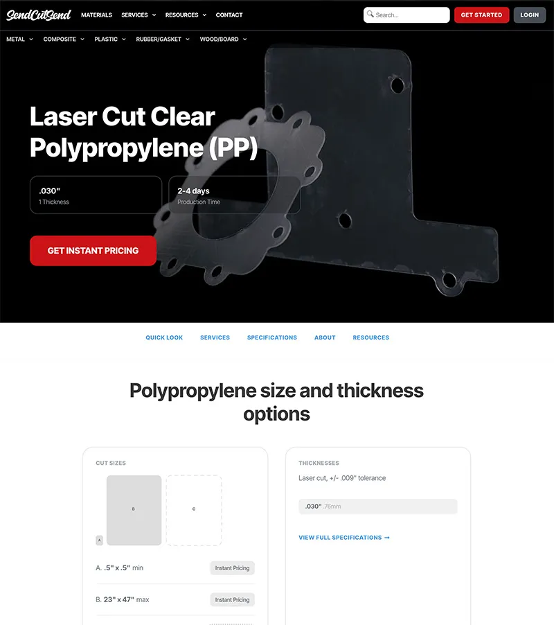 SendCutSend material page for laser cut clear polypropylene