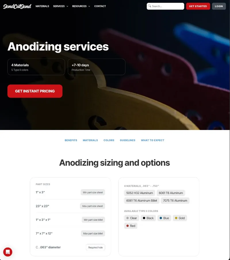 SendCutSend anodizing services page with materials, colors, and sizing options