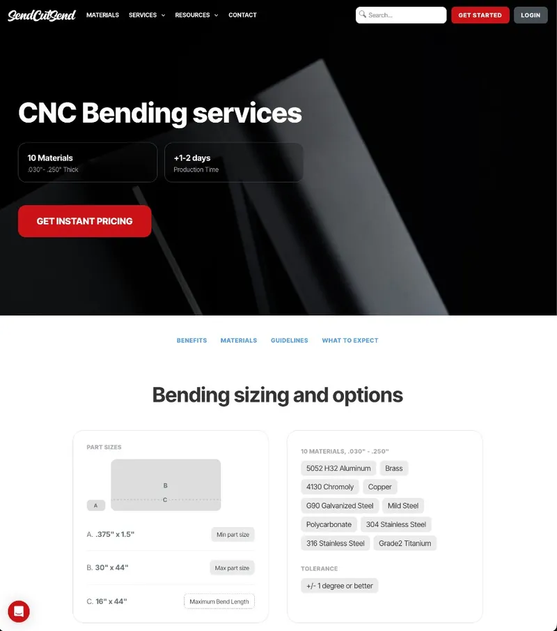 SendCutSend CNC bending services page with materials, sizing, and production time