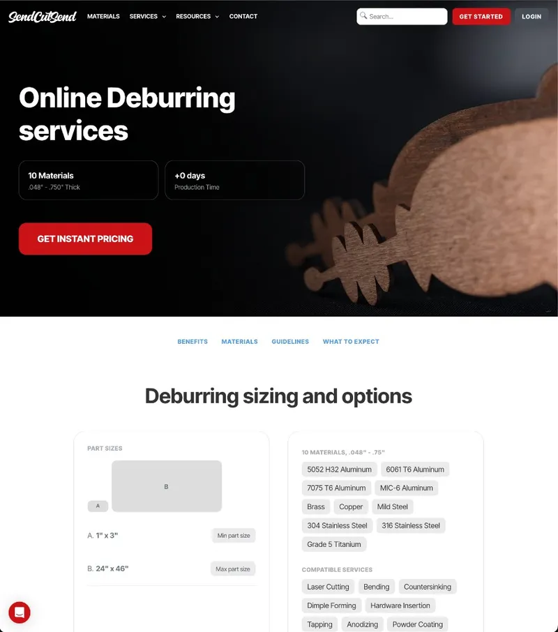 SendCutSend online deburring services page with compatible materials and services