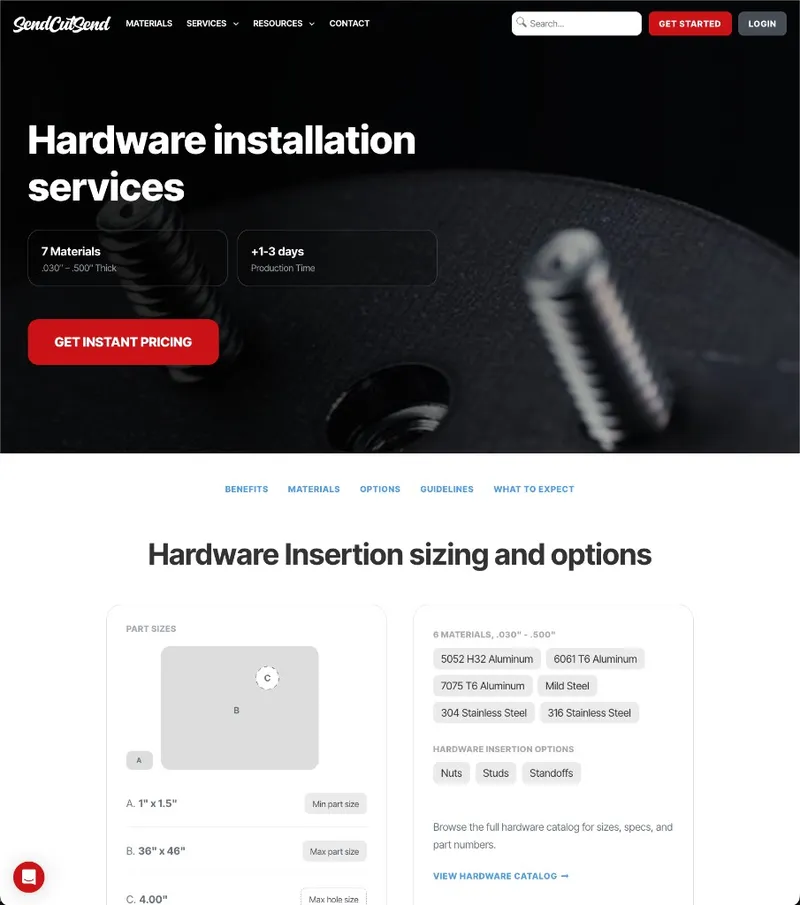 SendCutSend hardware installation services page with part sizes and insertion options