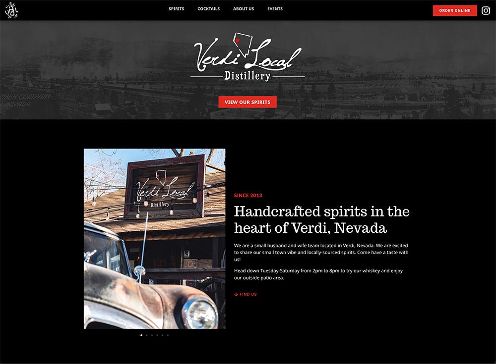 Verdi Local Distillery website home page with hero logo and exterior photography