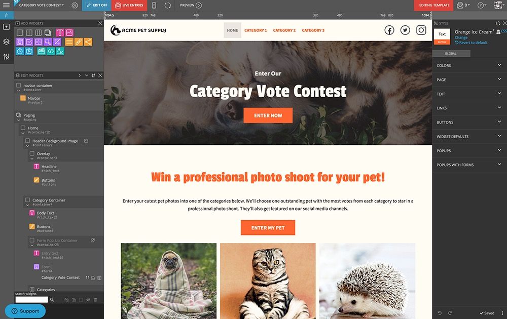 ShortStack contest editor with drag-and-drop widgets, live preview, and style panel