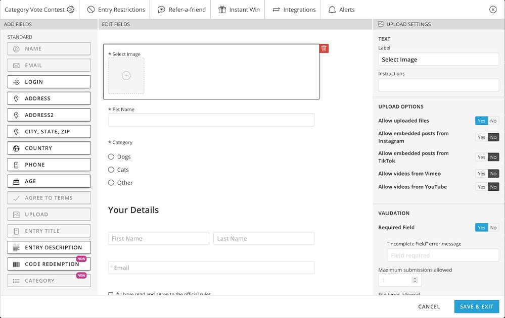 ShortStack form builder with field palette, live form preview, and upload settings