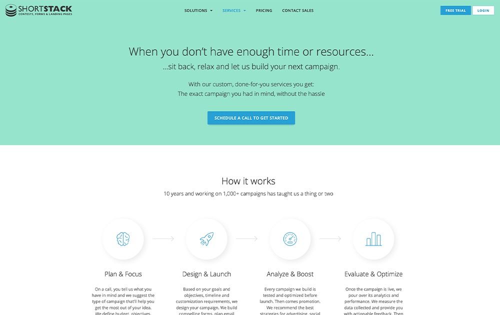 ShortStack marketing site services page with hero and how-it-works process