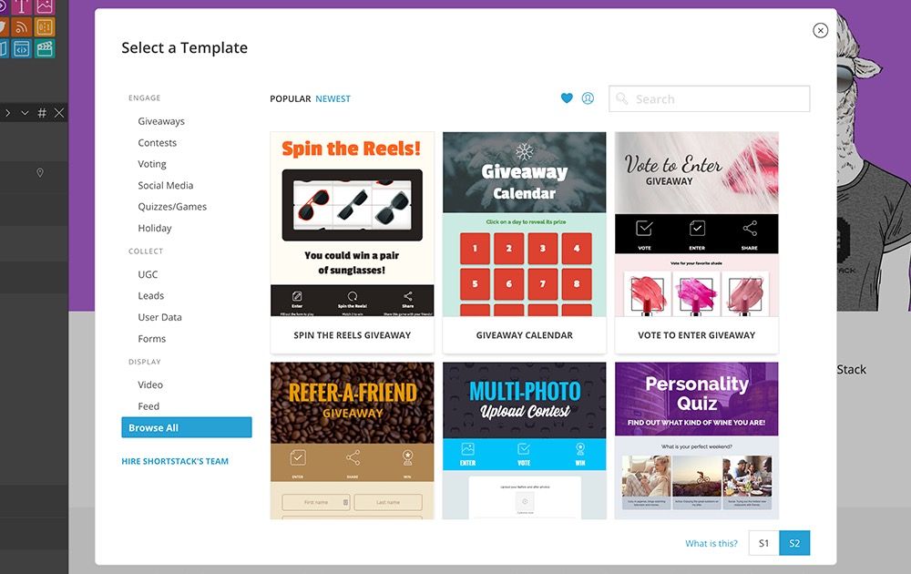 ShortStack template gallery with goal filters and campaign template previews
